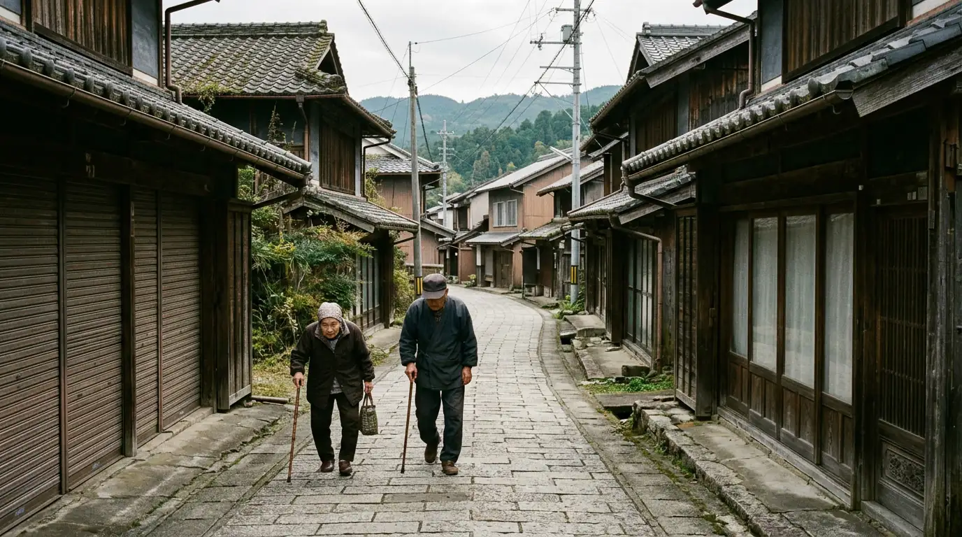 Une rue d'un village japonais à demi désert, maisons traditionnelles aux volets clos et personnes âgées marchant lentement, symboles du vieillissement et de la dépopulation de l'archipel.