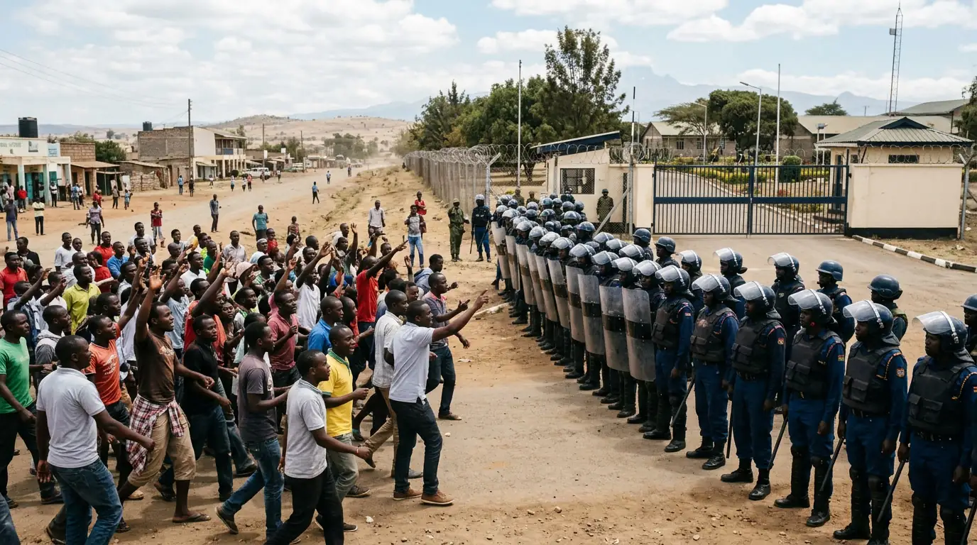 Manifestants dans une rue de Nanyuki, au Kenya, face à un cordon de forces de sécurité devant l'entrée d'une base aérienne.