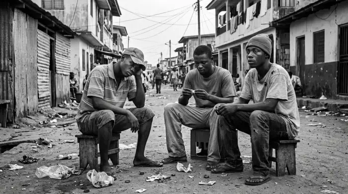 Jeunes hommes dans un quartier défavorisé de Monrovia, Liberia, au milieu d'une crise des drogues de synthèse ravageant l'Afrique de l'Ouest