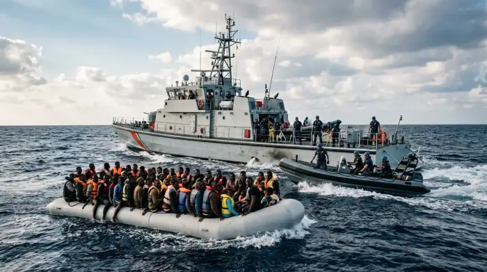 Vedette de garde-côtes au large de la Libye interceptant une embarcation de migrants en Méditerranée centrale.