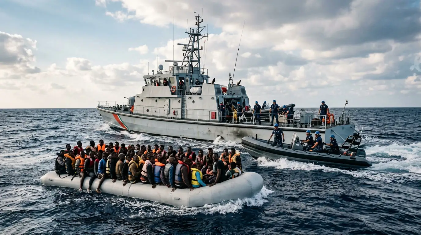 Vedette de garde-côtes au large de la Libye interceptant une embarcation de migrants en Méditerranée centrale.