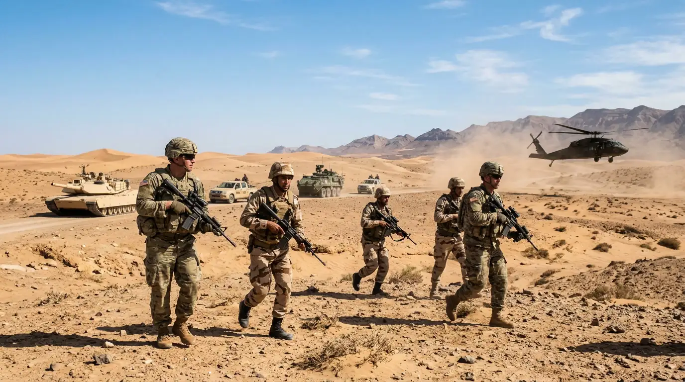 Des soldats américains et marocains s'entraînent côte à côte dans le désert près de Tan-Tan, lors de l'exercice African Lion, blindés et hélicoptère en arrière-plan sous un ciel clair.