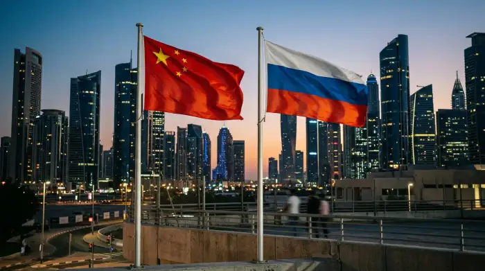 Drapeaux de la Chine et de la Russie devant une skyline de gratte-ciel du Golfe.