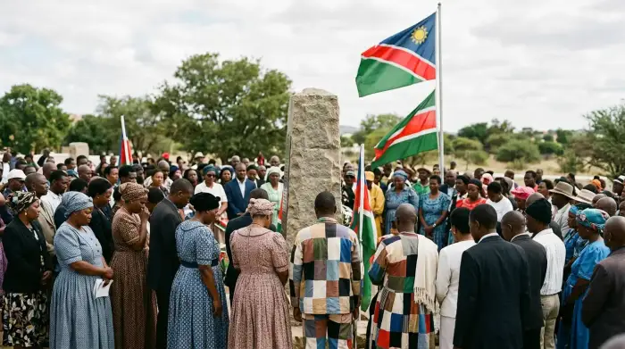 Mémorial du génocide herero et nama à Windhoek, en Namibie : une foule recueillie devant une stèle, drapeaux herero et namibien, lors d'une journée de commémoration.