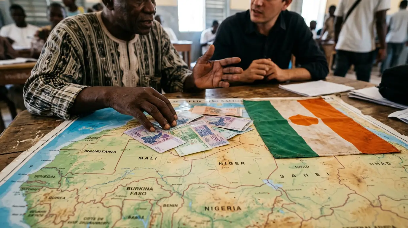 Billets de francs CFA et drapeau du Niger superposés à une carte du Sahel, illustrant le débat sur la souveraineté monétaire.