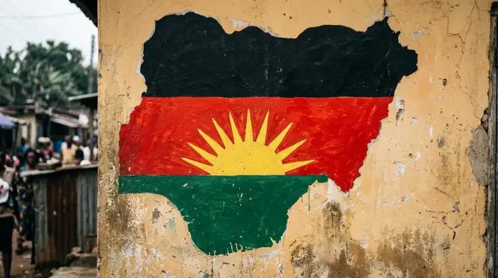Carte du Sud-Est nigérian aux couleurs du drapeau biafrais, symbolisant la fracture séparatiste autour de l'IPOB.
