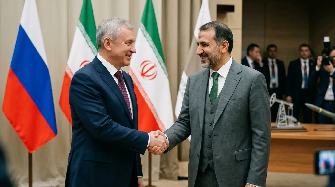 Poignée de main diplomatique devant les drapeaux russe et iranien, illustration de la coopération militaire et énergétique.