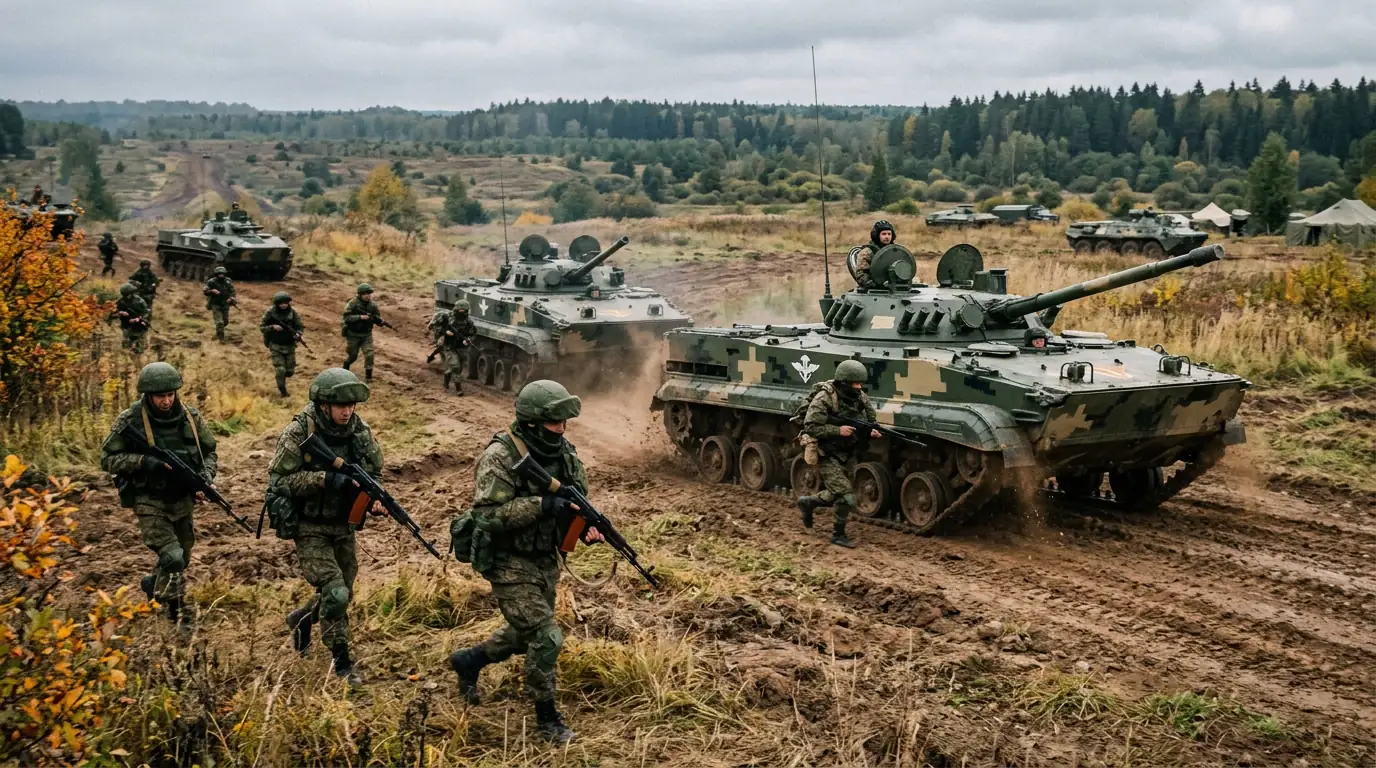Soldats russes et matériel militaire lors d'un exercice, illustrant l'évolution de la doctrine militaire de la Russie.