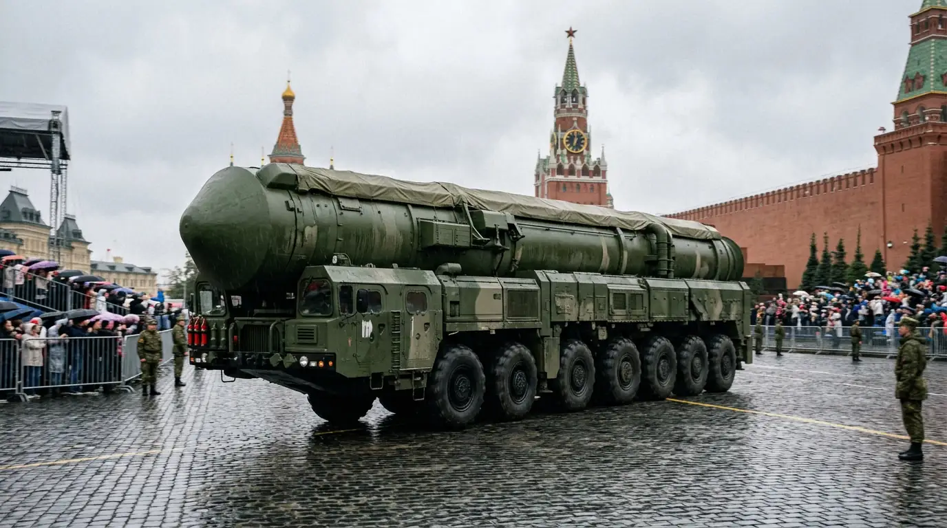 Missile balistique intercontinental russe transporté sur lanceur mobile lors d'un défilé militaire à Moscou.