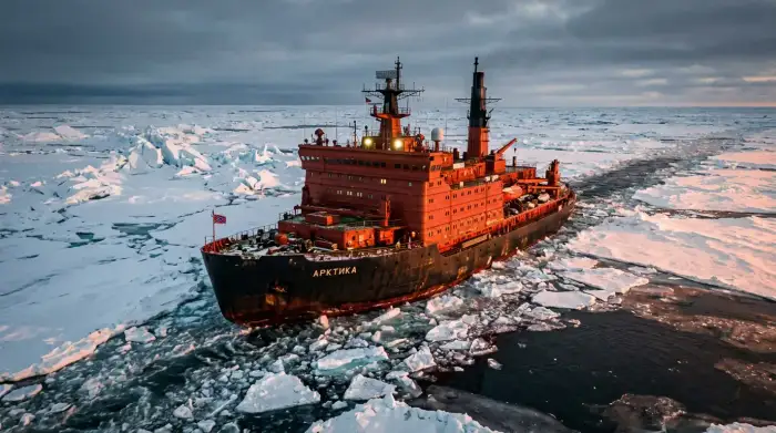 Brise-glace russe progressant dans la banquise arctique, symbole de la stratégie de Moscou sur la route maritime du Nord.
