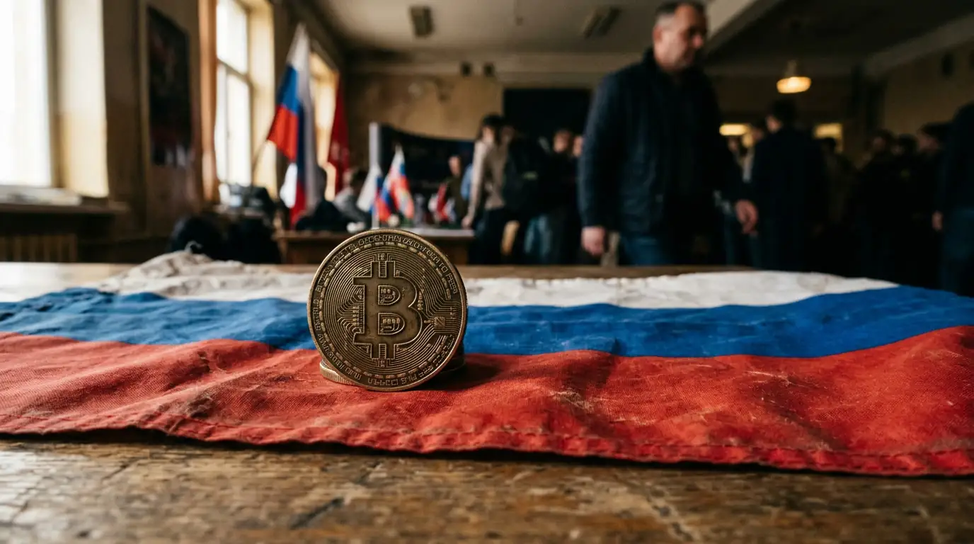 Pièce symbolisant une cryptomonnaie posée sur un drapeau russe.