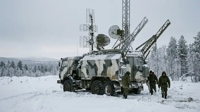 Système de guerre électronique russe sur châssis militaire déployant ses antennes de brouillage dans un paysage enneigé.