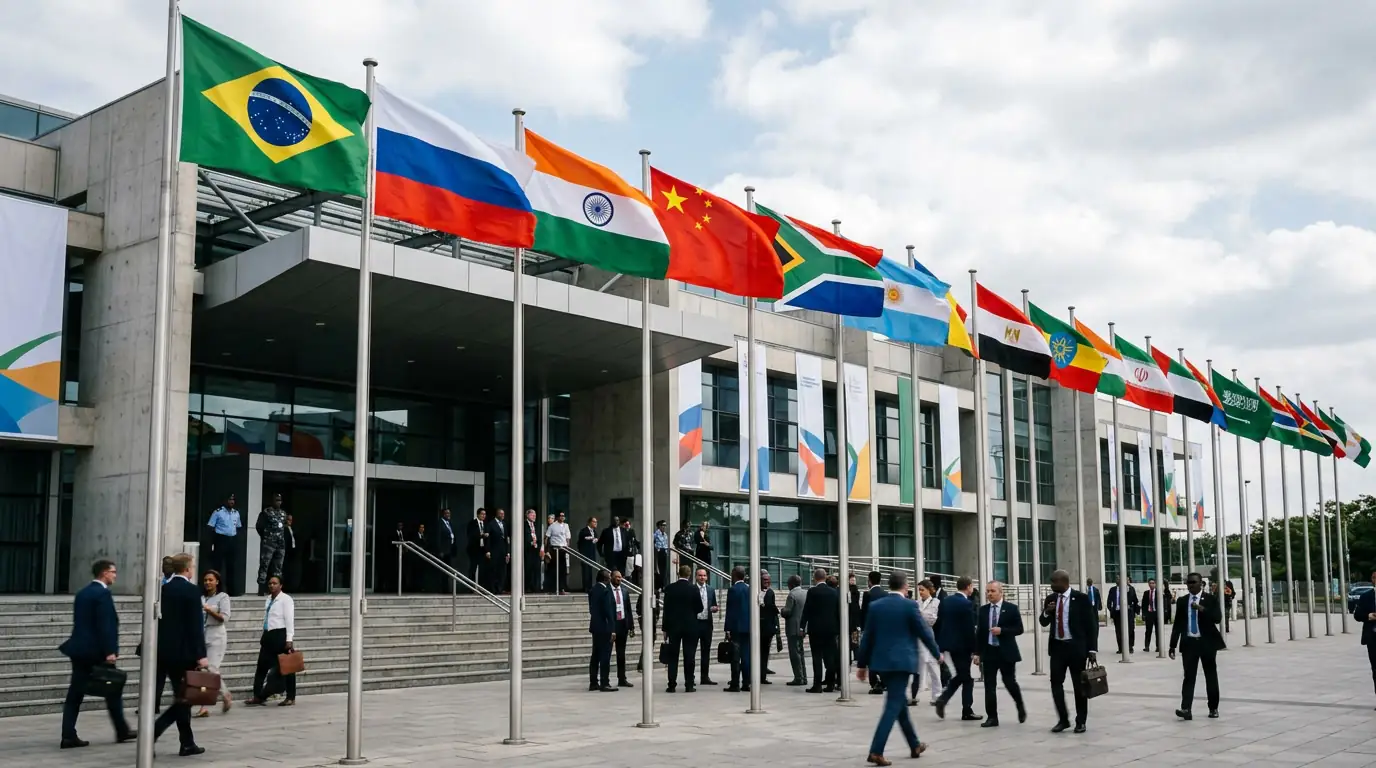 Drapeaux de plusieurs pays alignés devant une salle de sommet international, évoquant une réunion des BRICS.