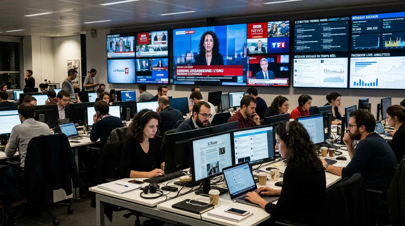 Salle de rédaction numérique avec écrans diffusant des flux d'information et des graphiques de réseaux sociaux.