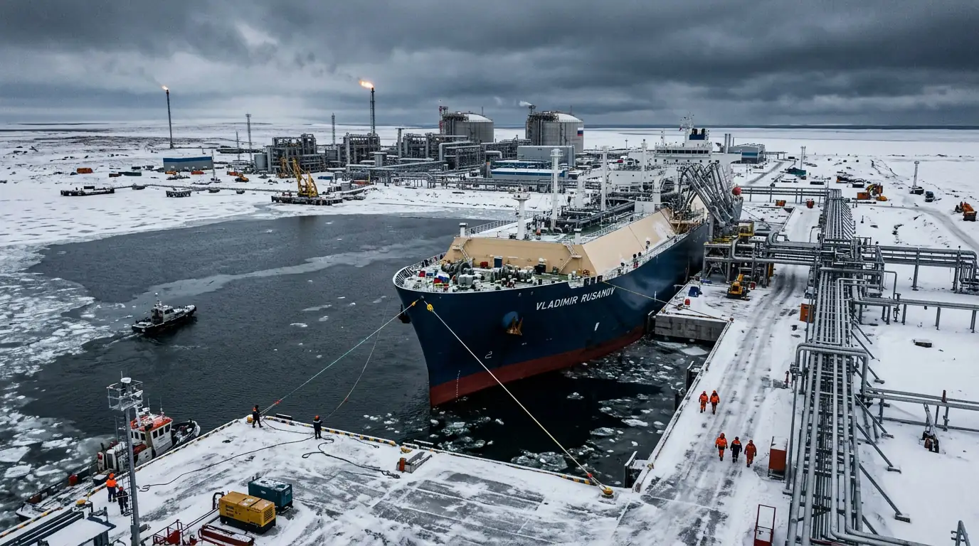 Terminal de gaz naturel liquéfié russe dans l'Arctique avec un méthanier à quai.