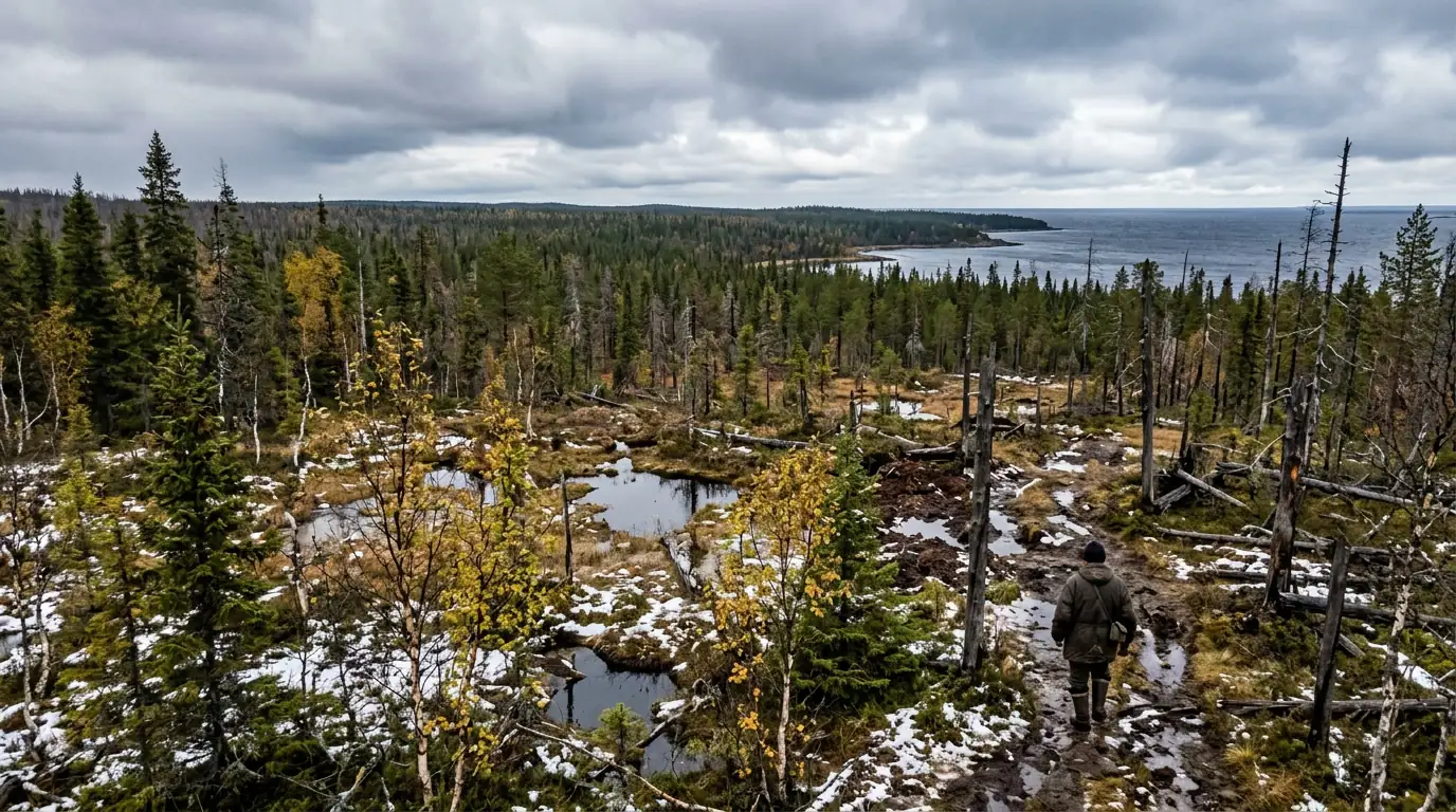 Forêt boréale russe en bordure de l'Arctique, symbole des enjeux climatiques du pays.