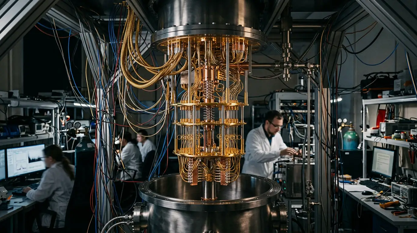Cœur cryogénique doré d'un ordinateur quantique dans un laboratoire de recherche russe.