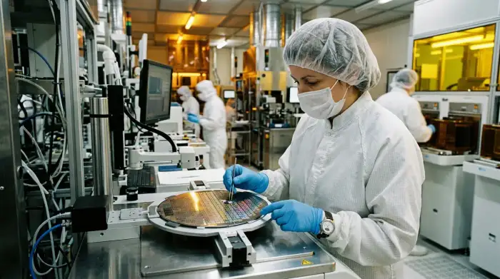 Plaquette de silicium et microprocesseurs dans une usine de semi-conducteurs, illustration de la technologie domestique russe.