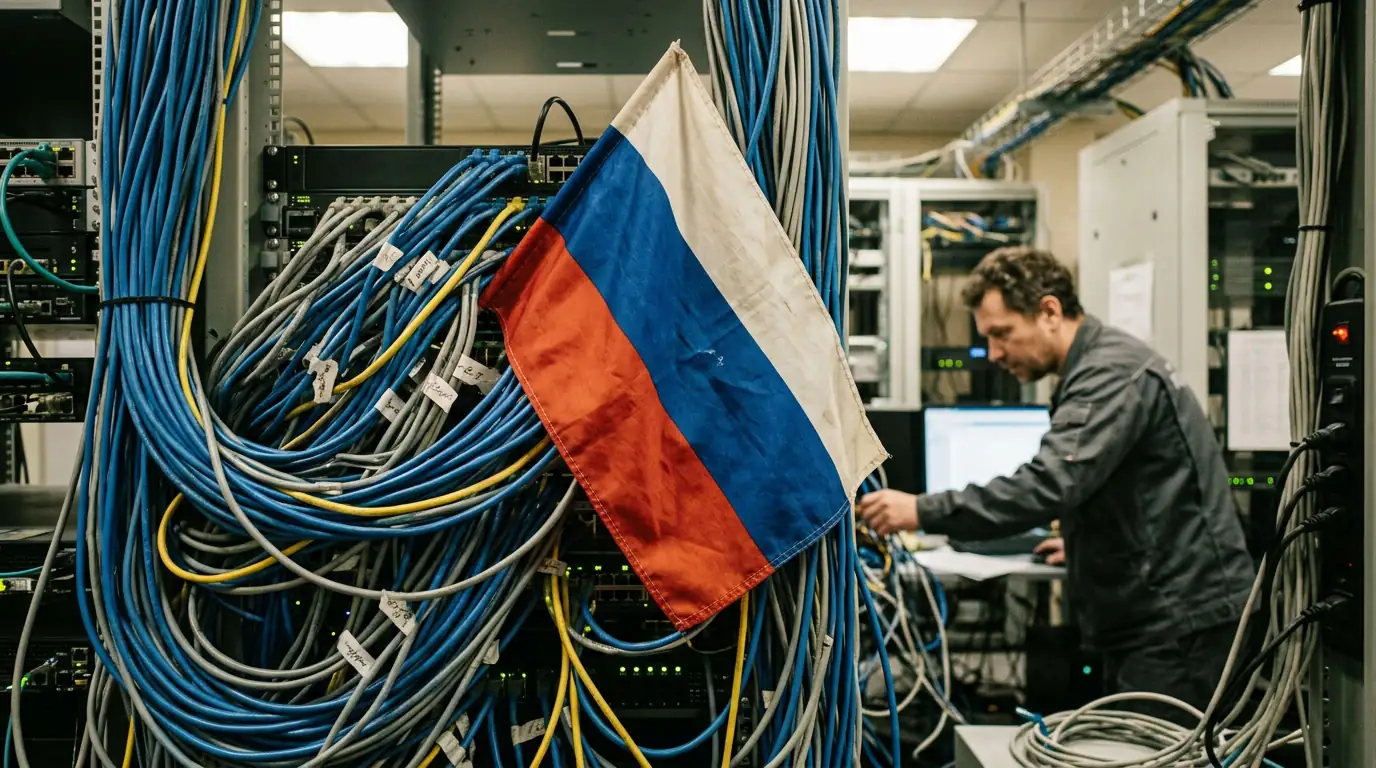 Câbles réseau et drapeau russe évoquant le projet d'internet souverain RuNet.
