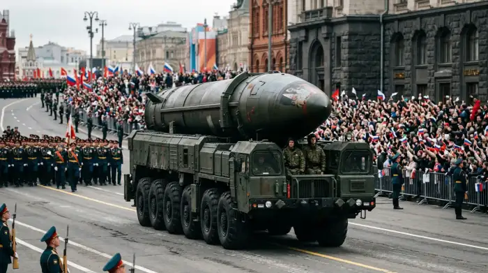 Lanceur mobile transportant un missile balistique russe de type intermédiaire lors d'un défilé militaire.