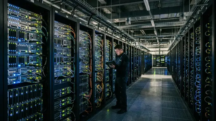 Centre de données avec rangées de serveurs, illustrant l'infrastructure de calcul pour l'intelligence artificielle.