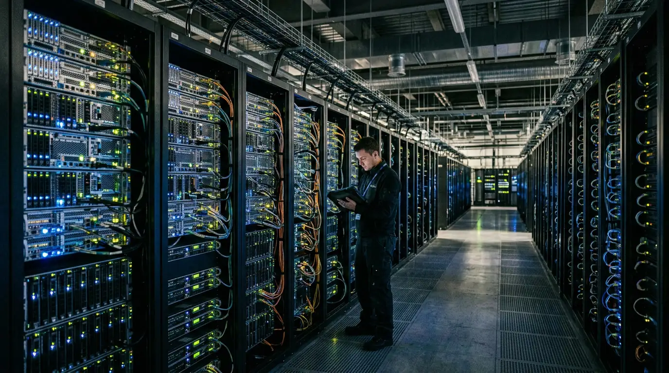 Centre de données avec rangées de serveurs, illustrant l'infrastructure de calcul pour l'intelligence artificielle.