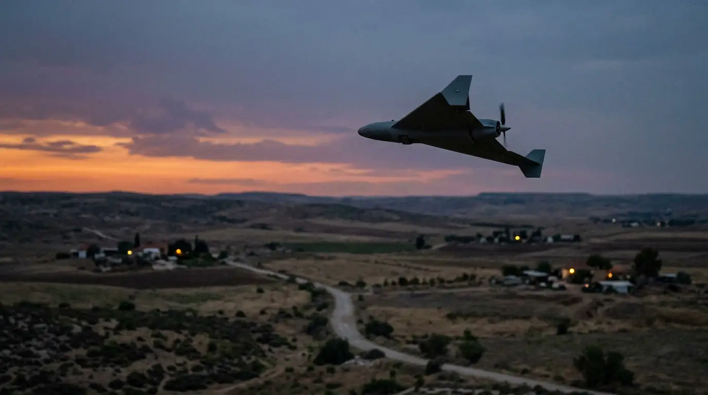 Drone d'attaque de type Shahed en vol au-dessus d'un paysage au crépuscule.
