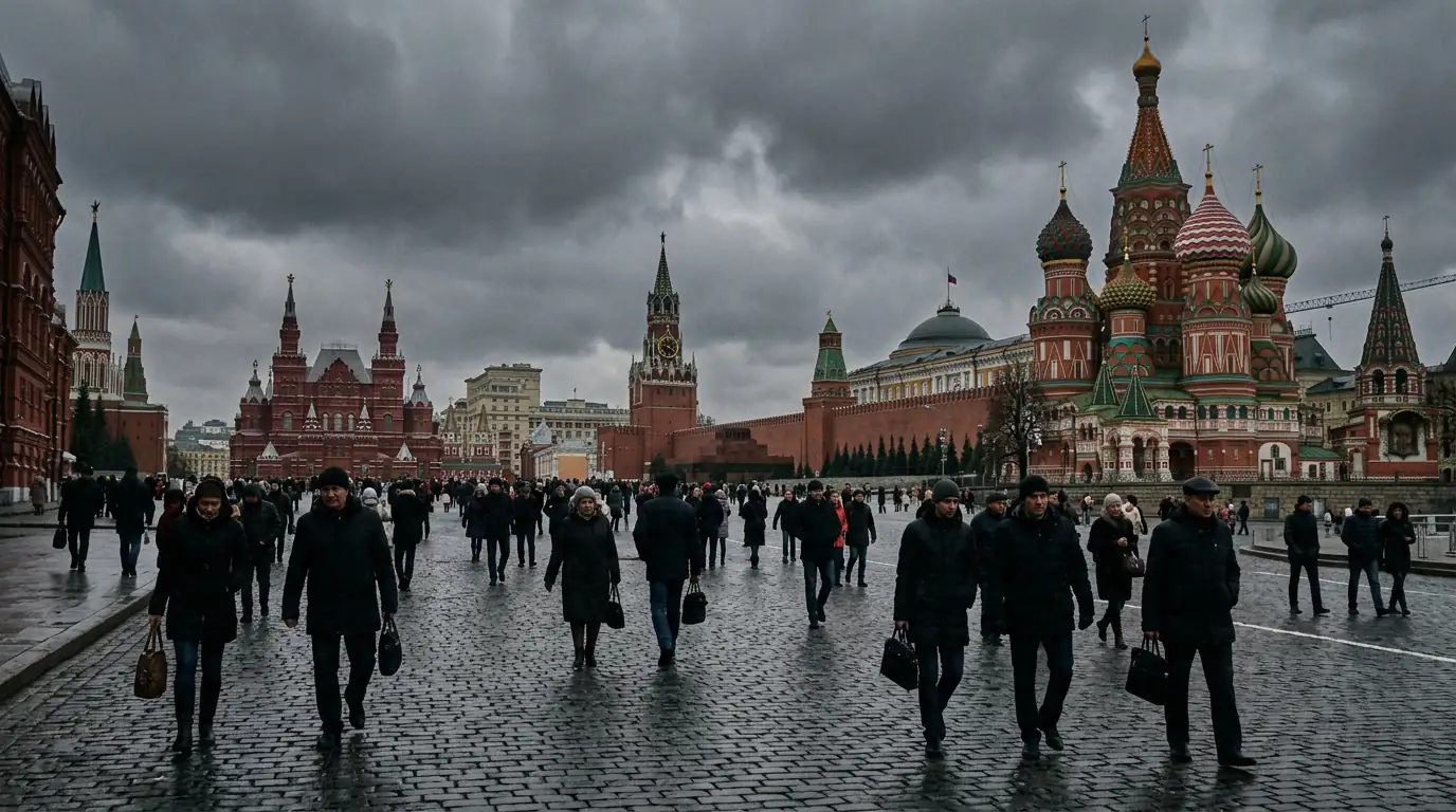 Place Rouge de Moscou sous un ciel gris, symbolisant le poids politique et économique de la guerre sur la Russie.