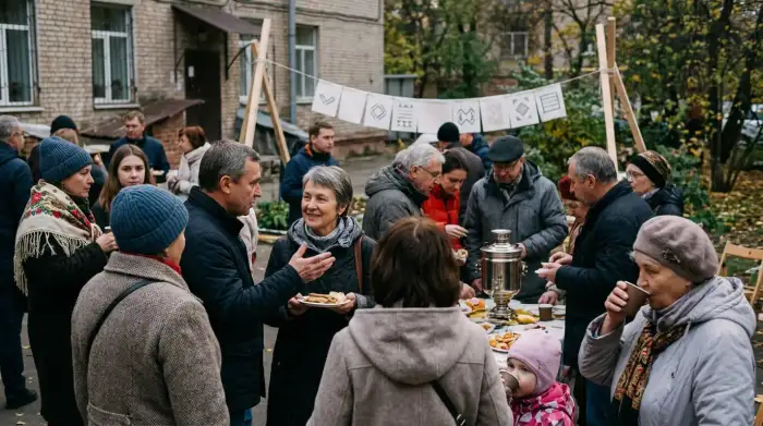Communauté russophone réunie lors d'un événement culturel à l'étranger, illustration de l'influence russe par les diasporas.