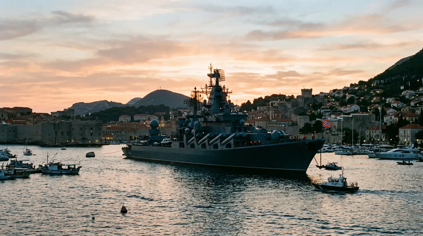 Navire de guerre russe au mouillage dans un port méditerranéen au lever du jour.