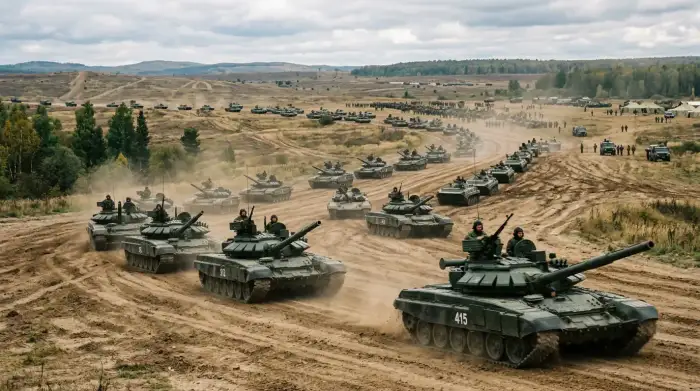 Colonne de blindés russes lors d'un exercice militaire, illustrant la projection de force de Moscou face à l'OTAN.