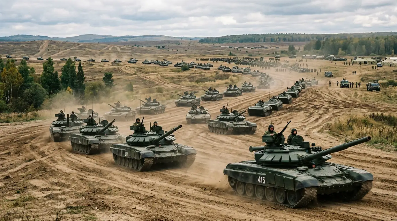 Colonne de blindés russes lors d'un exercice militaire, illustrant la projection de force de Moscou face à l'OTAN.