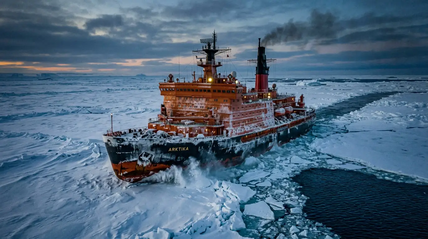 Brise-glace nucléaire russe ouvrant une voie dans la banquise de l'océan Arctique.