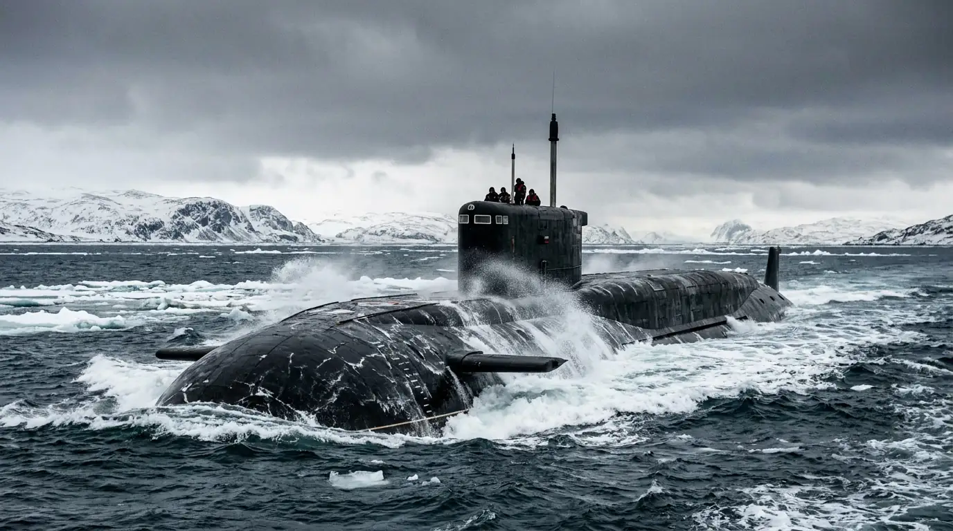 Sous-marin nucléaire russe de classe Boreï faisant surface dans des eaux arctiques sous un ciel gris.