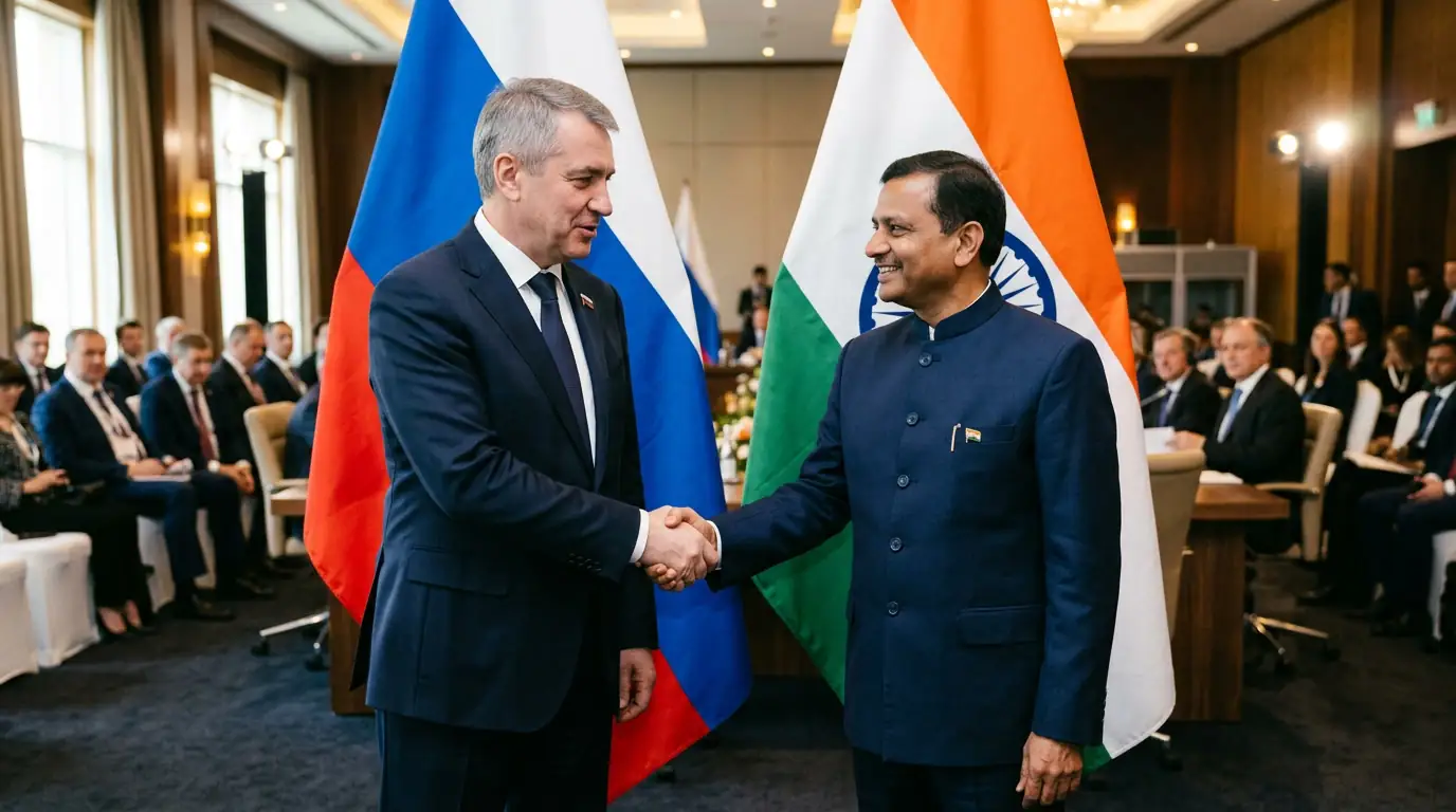 Poignée de main symbolique entre représentants russes et indiens devant les drapeaux des deux pays.