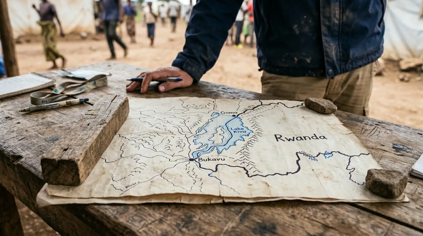 Carte de l'est de la République démocratique du Congo montrant Goma, Bukavu et la frontière avec le Rwanda, zone des opérations du M23.