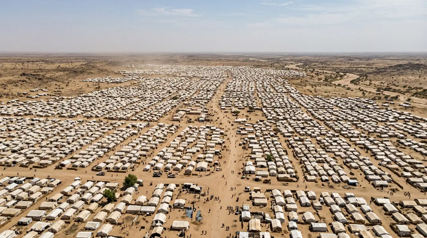 Vue aérienne d'un camp de déplacés au Darfour, tentes blanches à perte de vue sous un ciel de saison sèche, Soudan 2026.