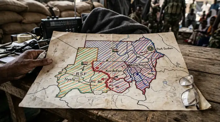 Carte stylisée du Soudan partagé en deux : l'est et le centre tenus par l'armée autour de Port-Soudan, l'ouest et le Darfour tenus par les paramilitaires autour de Nyala, avec une ligne de front au Kordofan.