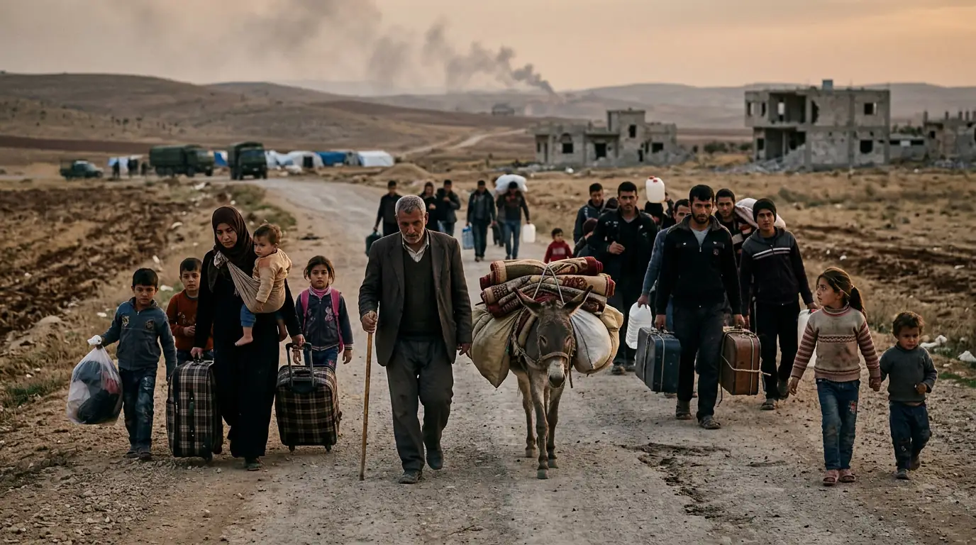 Familles syriennes déplacées marchant le long d'une route, valises et enfants, dans un paysage de guerre.