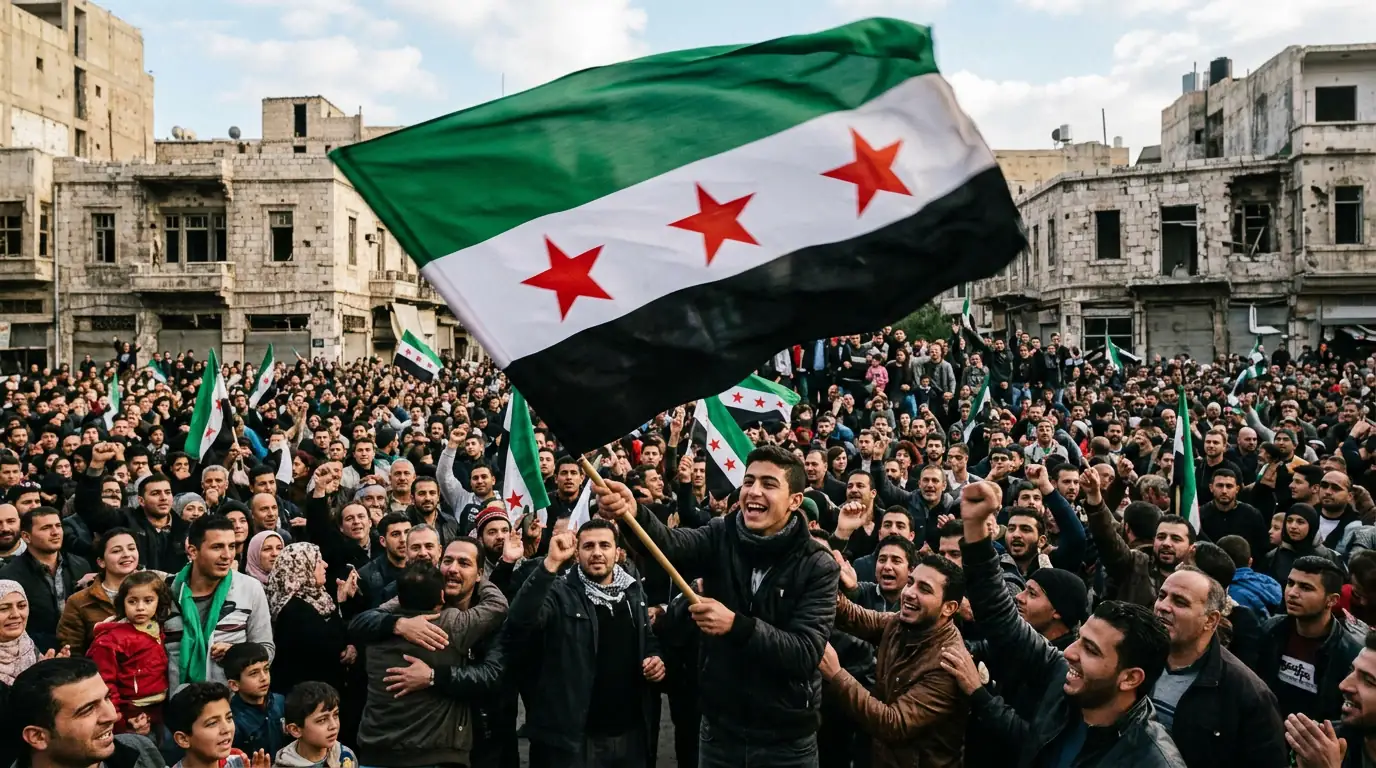 Drapeau de la révolution syrienne brandi lors d'un rassemblement après la chute du régime de Bachar al-Assad.