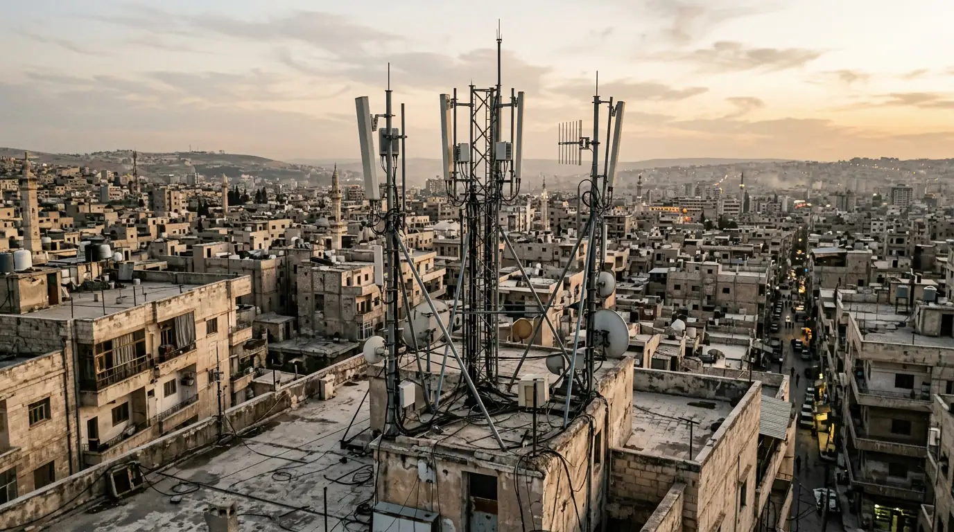 Antennes-relais de téléphonie mobile surplombant une ville syrienne.