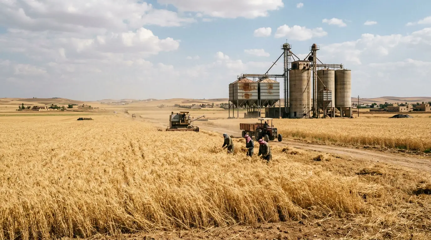 Champ de blé syrien et silos à grains dans la région agricole du nord-est.