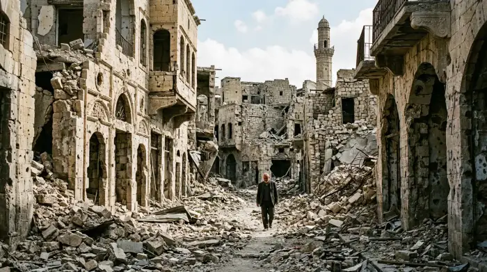 Vue des ruines de la vieille ville d'Alep après les combats de la guerre civile syrienne.