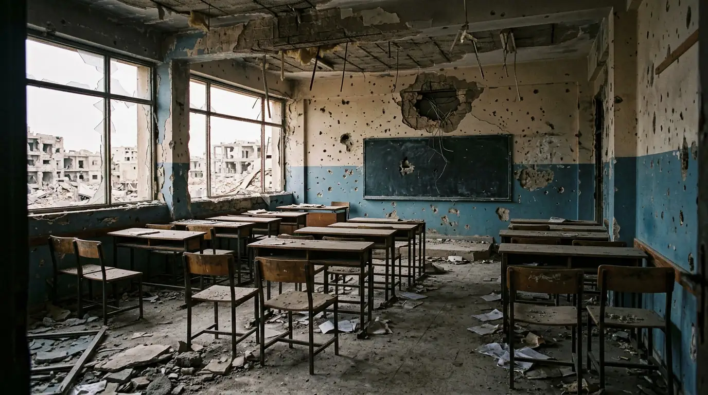 Salle de classe vide dans une école syrienne endommagée par la guerre.