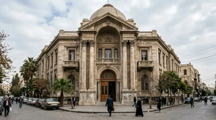 Façade d'un palais de justice à Damas, symbole du système judiciaire syrien.