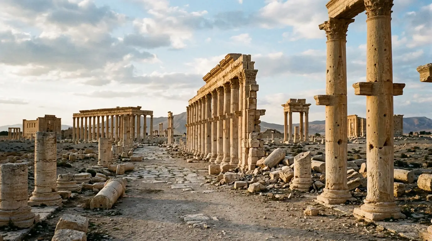 Colonnades antiques de Palmyre dans le désert syrien, site du patrimoine mondial endommagé pendant la guerre.