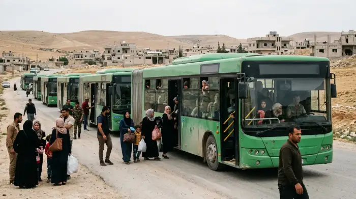 Bus verts utilisés pour évacuer les habitants de zones assiégées vers le nord de la Syrie.