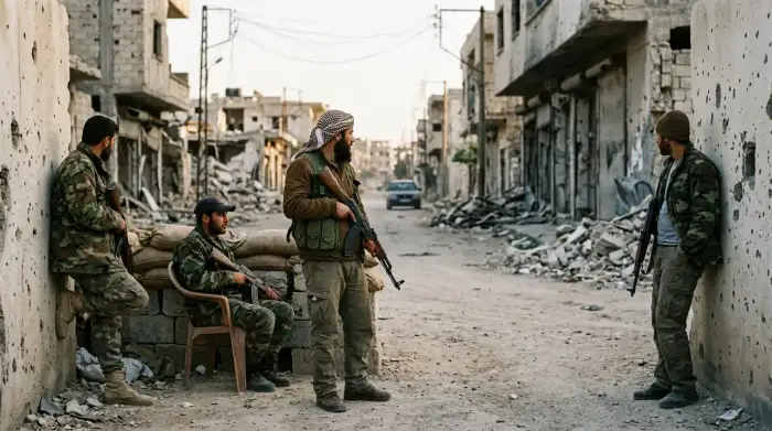 Hommes armés en tenue dépareillée à un checkpoint dans une rue syrienne dévastée.