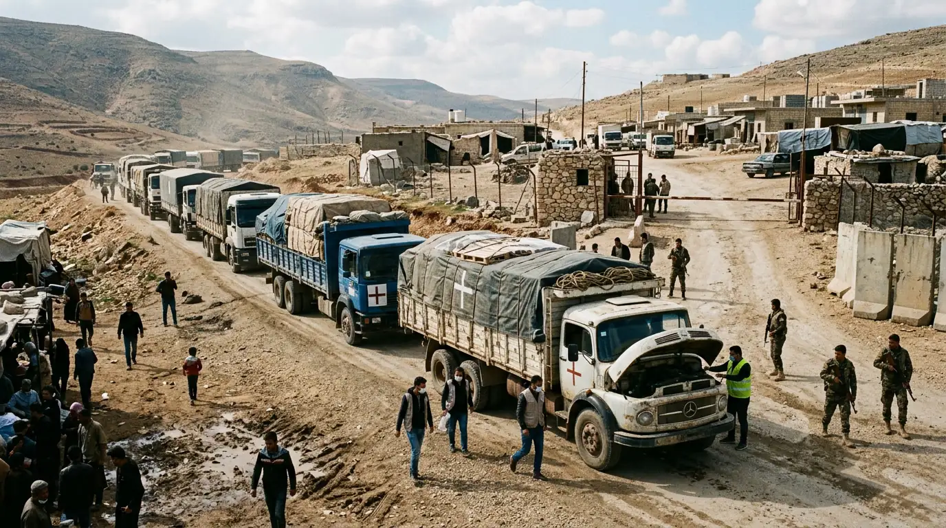 Convoi de camions d'aide humanitaire à un poste-frontière du nord-ouest de la Syrie.