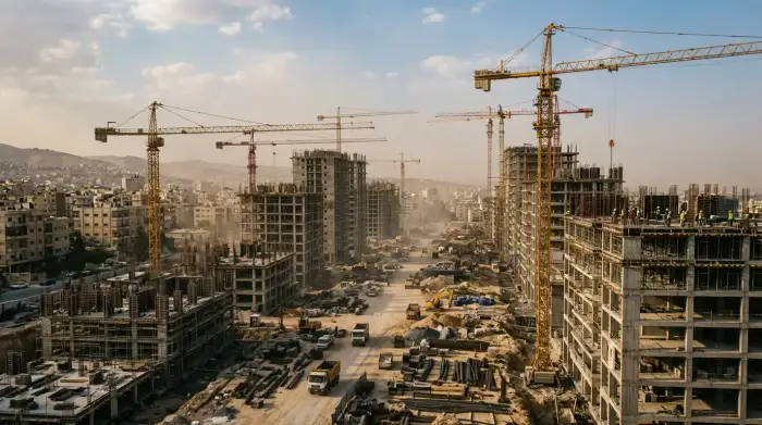 Grues et tours en chantier sur le site de Marota City, à Damas, projet immobilier emblématique du régime.